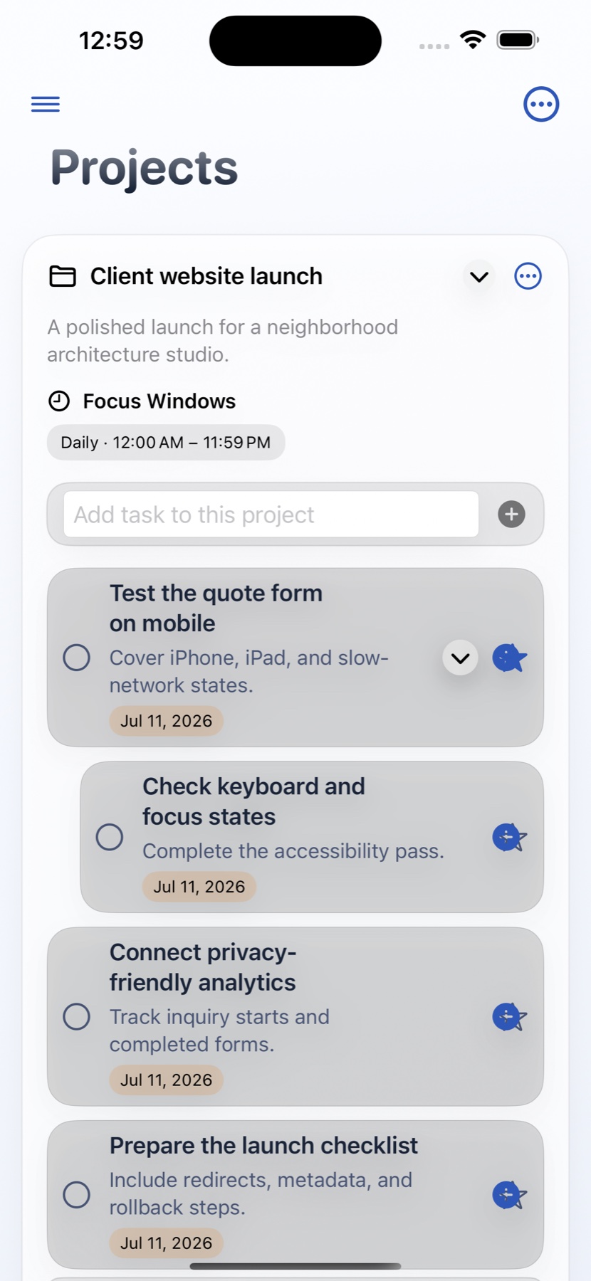 Orgeni Projects view with nested next actions