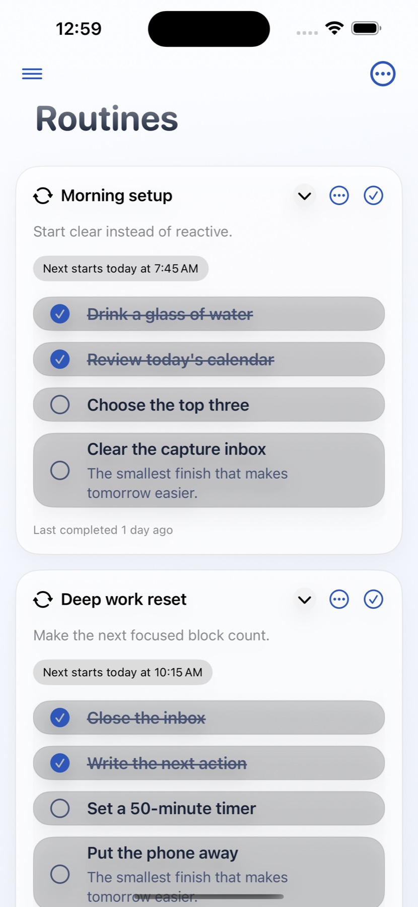 Orgeni Routines view with completion progress